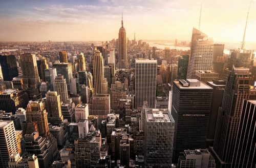 New,York,City,Skyline,With,Urban,Skyscrapers,At,Sunset,,Usa.